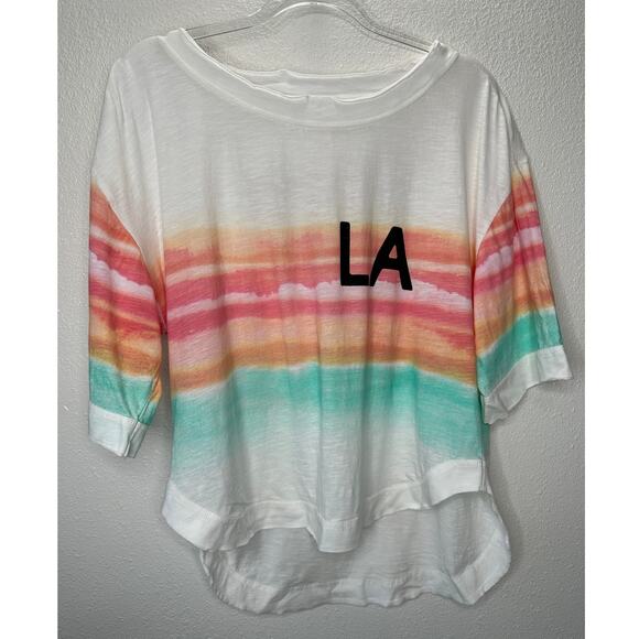 Daily Practice Ivory Peach Teal Striped LA logo High Low Tee XXS - Picture 1 of 16